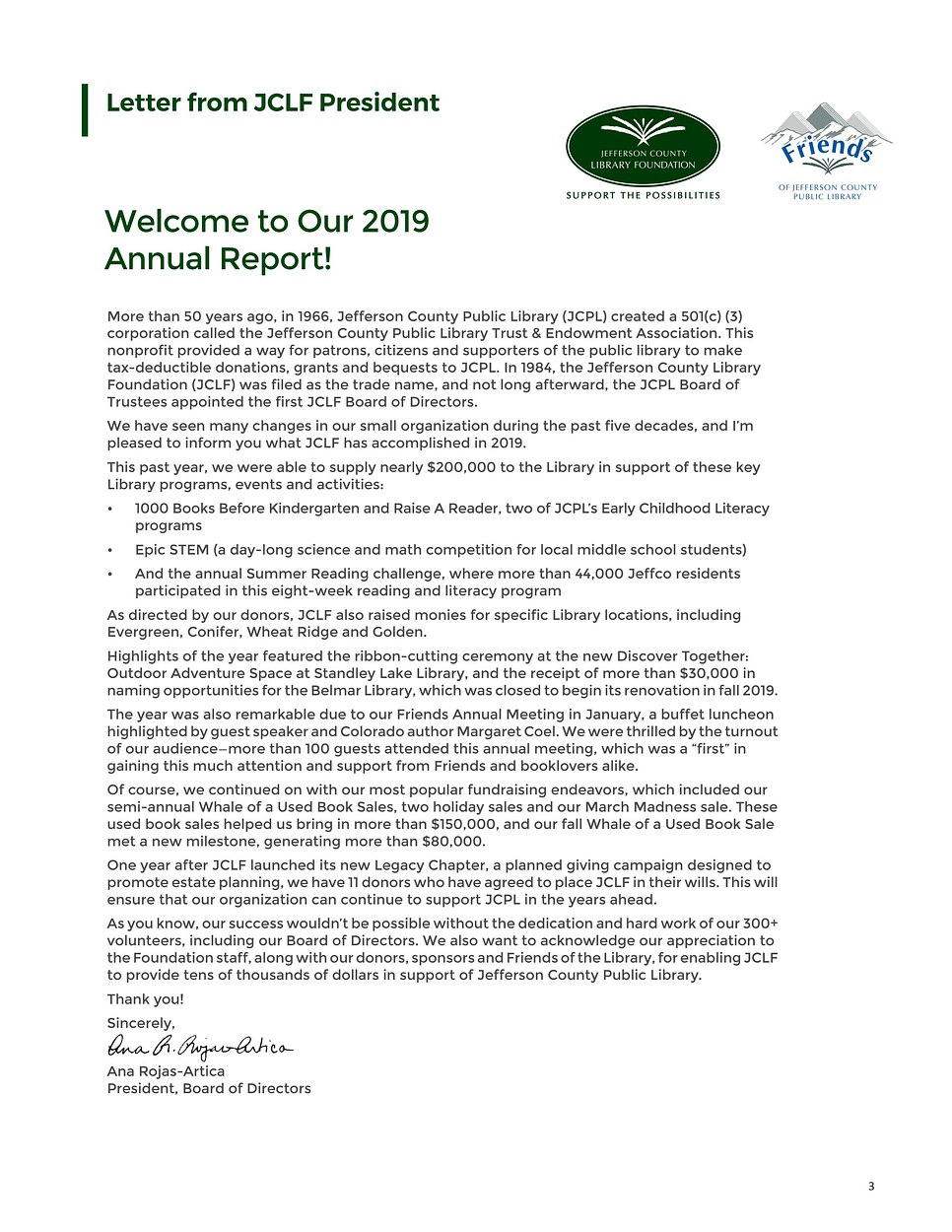 Annual Report Letter from Board President