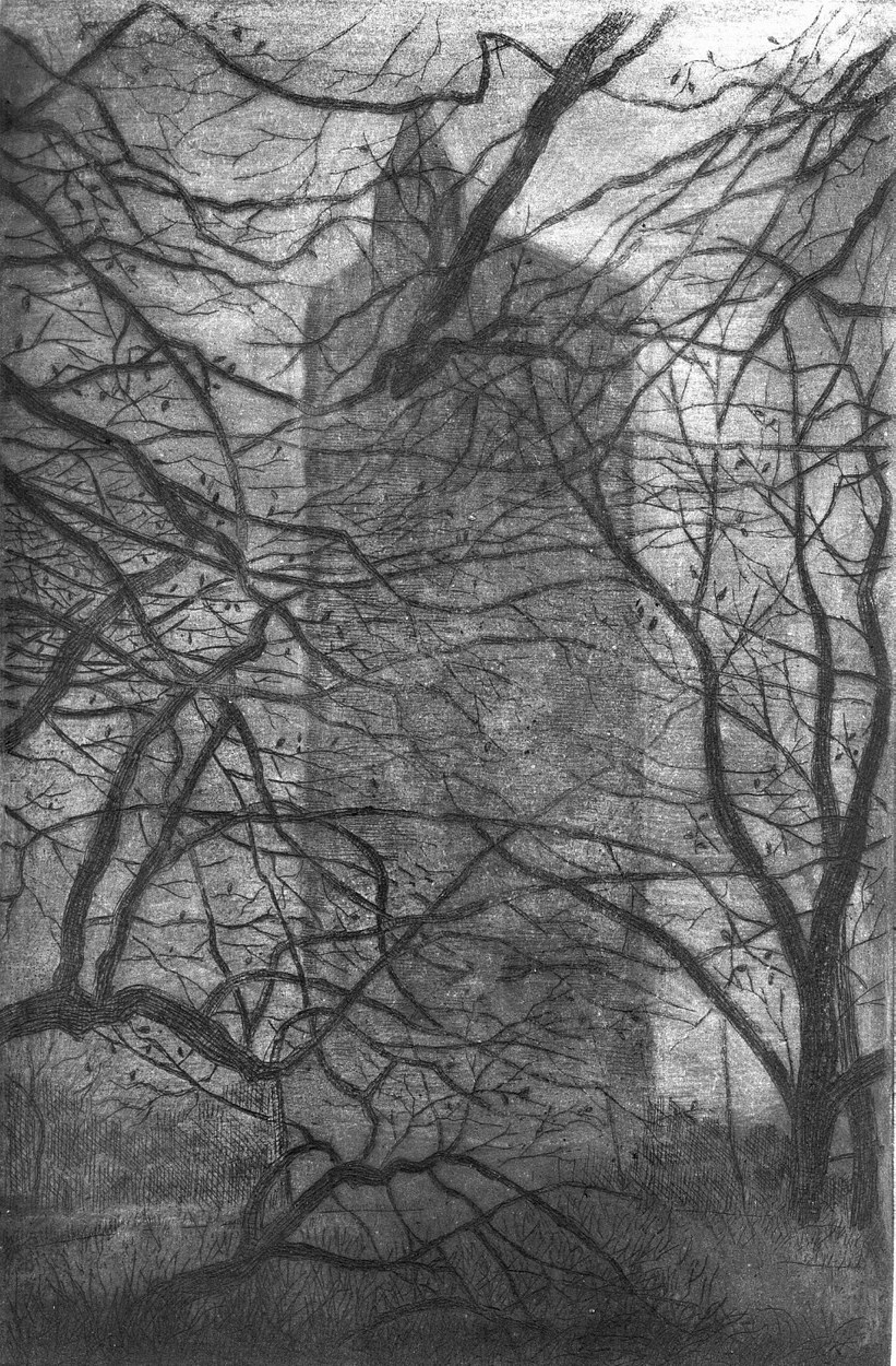 Alfred's Tower in mist, etching, image size 18 x 25 cm., edition of 20, £150