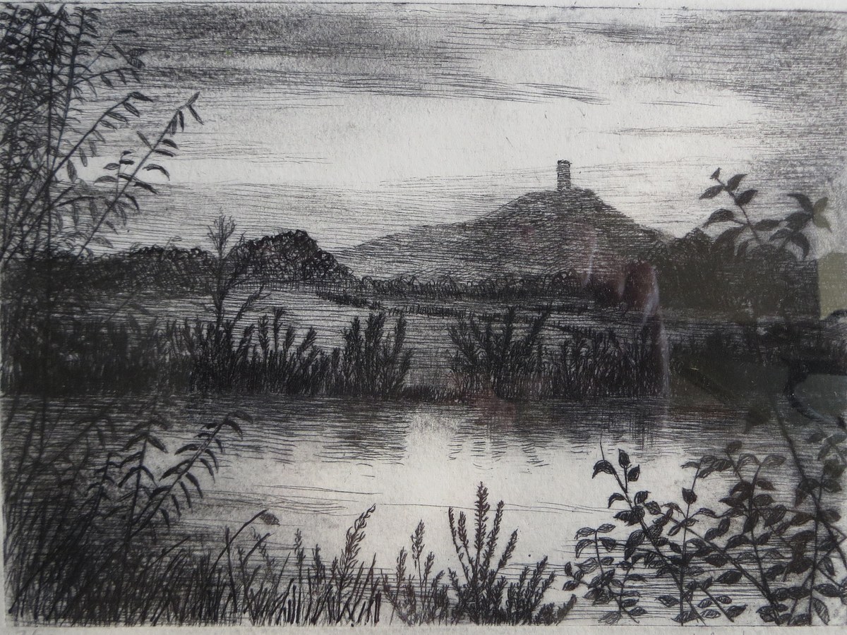 Glastonbury from the River, drypoint, Edition of 20, 21 x 15 cm (image),  £125