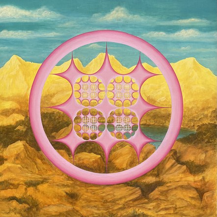 Magenta Circle with Fractal Structure on Mountainous Landscape
