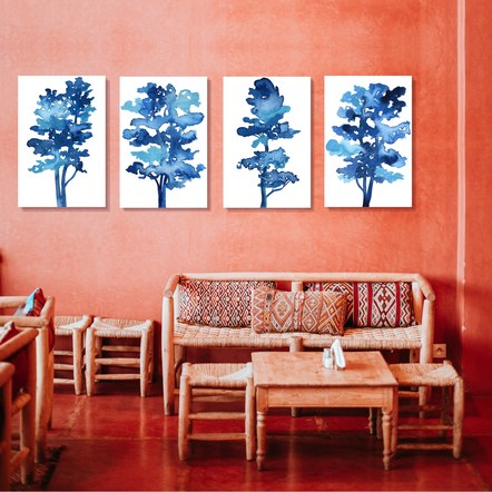  4 Blue Tree Series in a Peach room