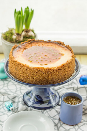 Coconut and lime cheesecake with passion fruit and caramel.