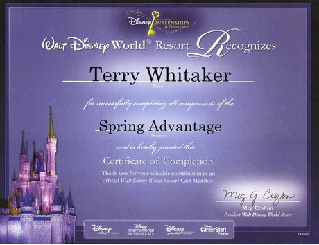 Walt Disney World Internship Certificate