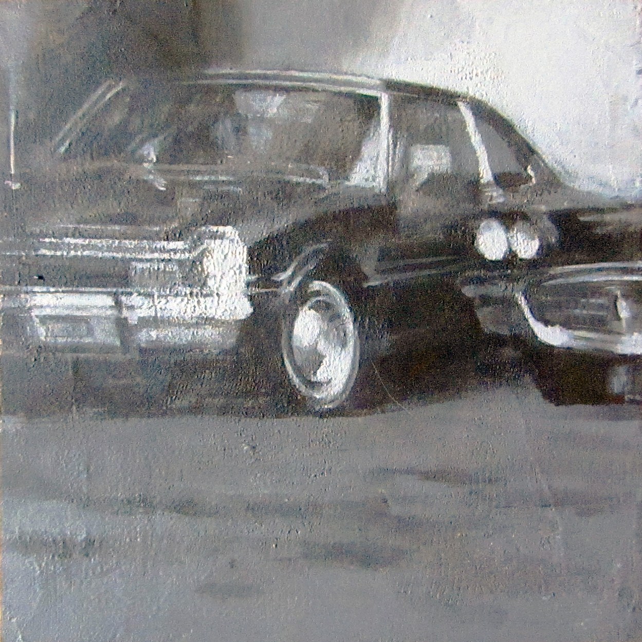 CF12 Cars at Aquila Motors acrylic and molding paste on panel 12x12" 2023