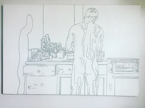 Nude muse doing dishes