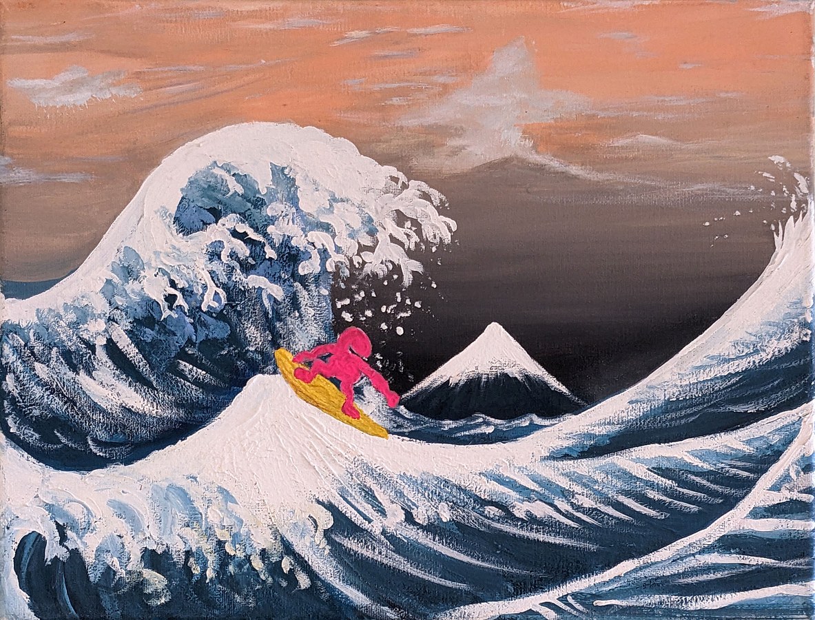 Junior surfing the great wave off Kanagawa on a banana.