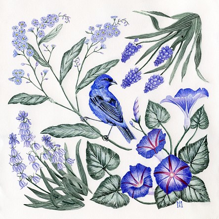 Indigo Bunting and Blue Flora