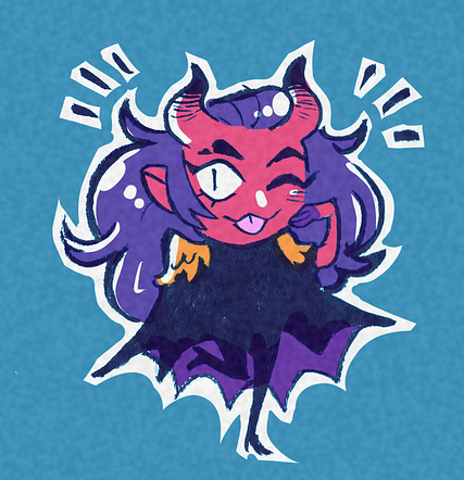 A peppy demon girl with red skin and purple hair.