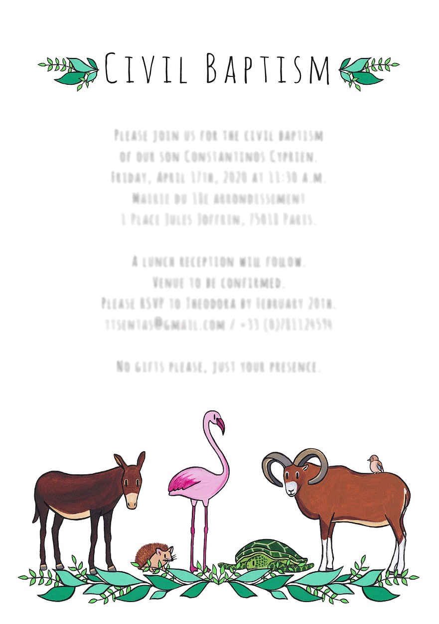 Hand painted animal illustration for baptism invite