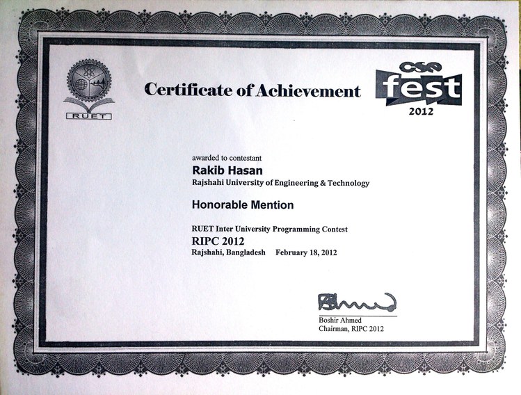 Certificate Of Achivement in RUET Inter University Programming Contest